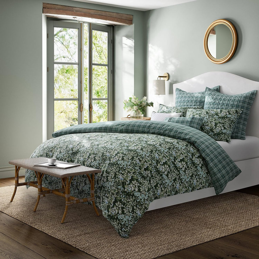 Laura Ashley – Queen Comforter Set, Reversible Floral Bedding with Matching Shams & Bonus Decorative Pillow Covers, Medium Weight, 7-Piece, College Dorm Room Essentials (Bramble Floral Green)