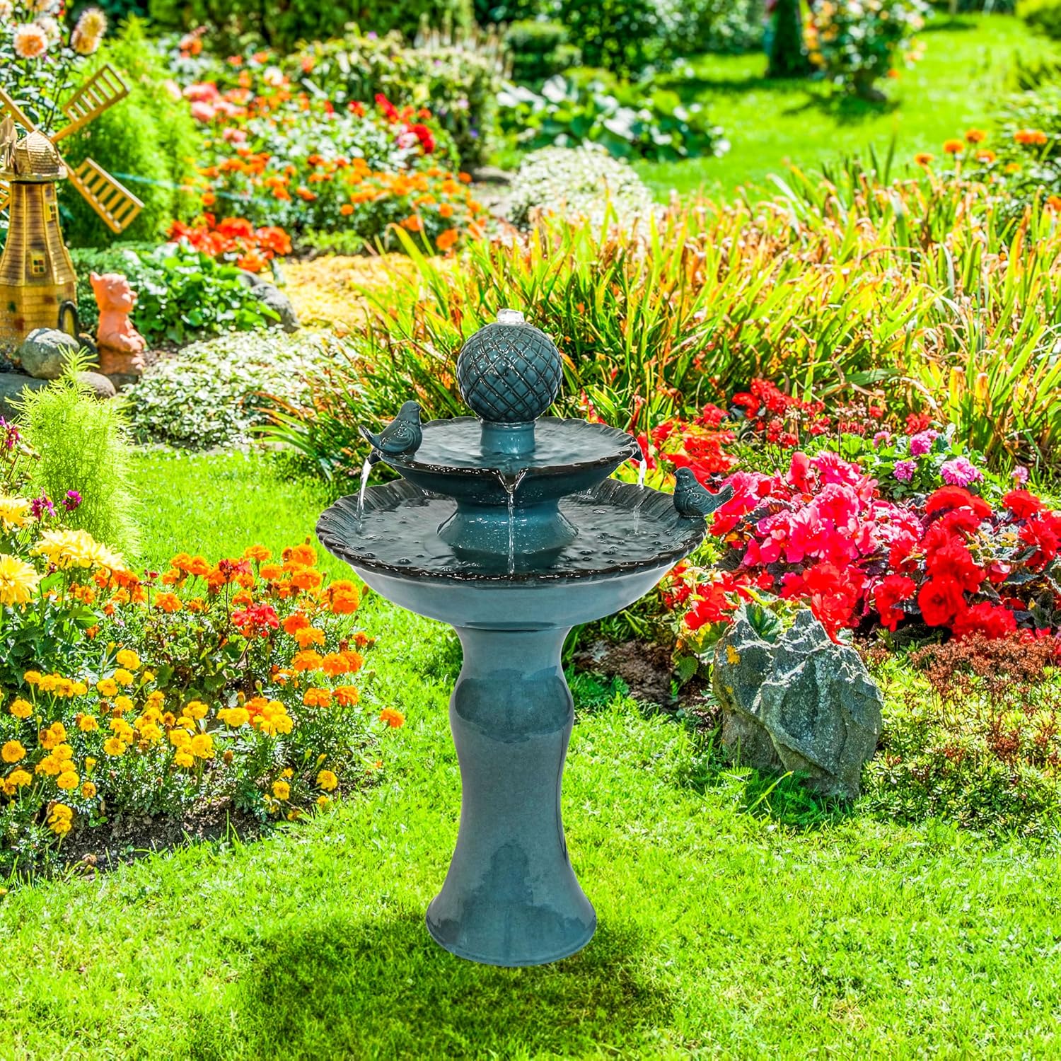 Sunnydaze 27' H 2-Tier Ceramic Water Fountain - Outdoor Water Feature for Patio, Yard, Balcony - Garden Fountain - Blue