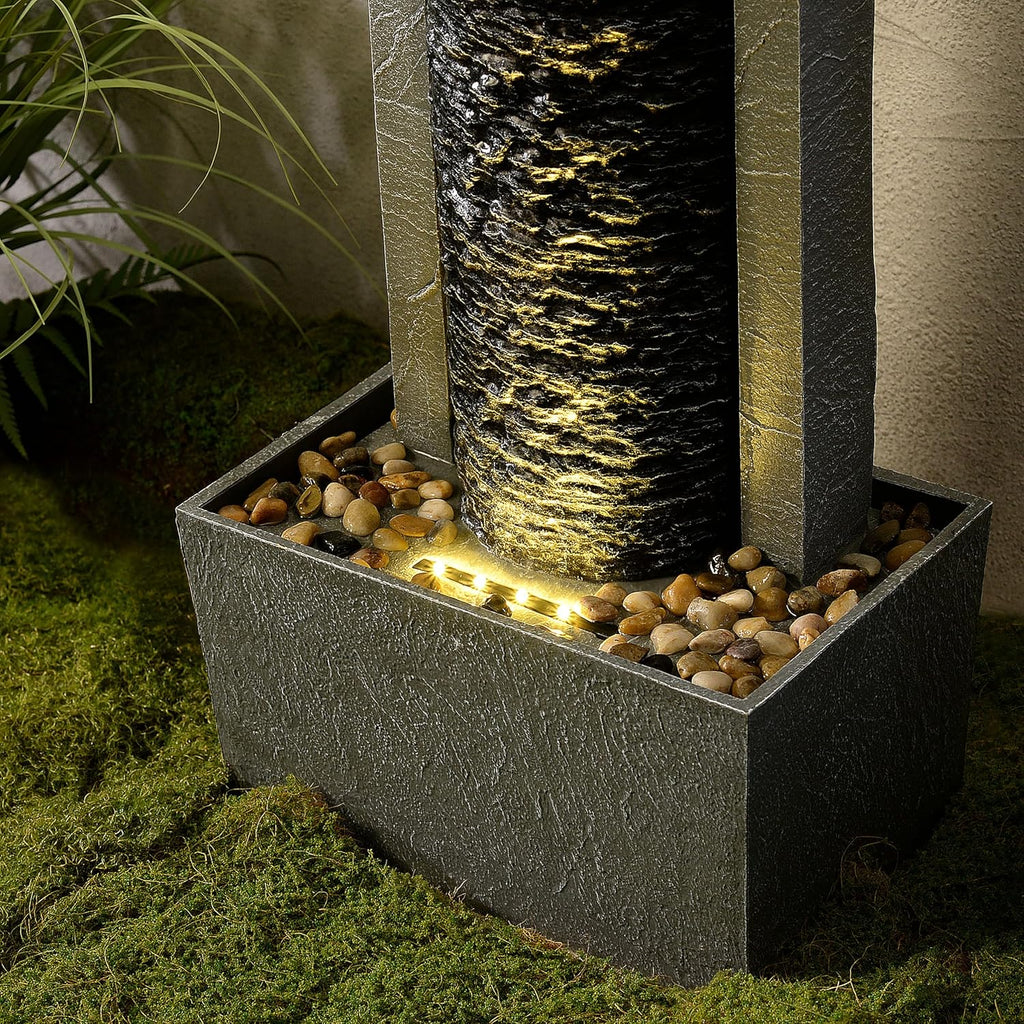 Teamson Home Framed Layered Rock Design Outdoor Water Fountain–Warm Glow Lighting with Steady Flow & Electric Pump, Dark Gray
