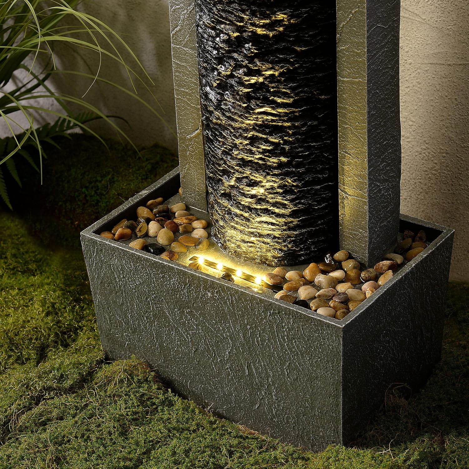 Teamson Home Framed Layered Rock Design Outdoor Water Fountain–Warm Glow Lighting with Steady Flow & Electric Pump, Dark Gray