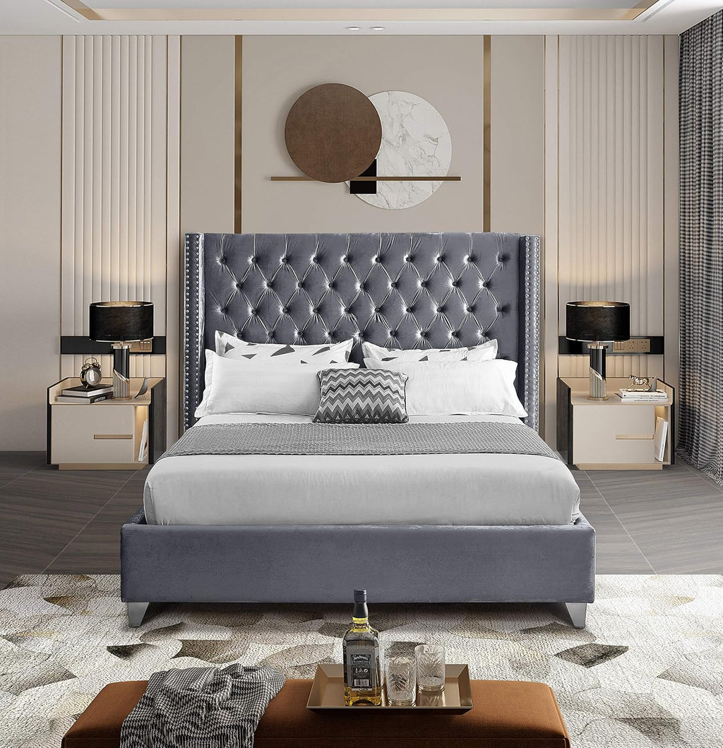 Meridian Furniture Aiden Collection Modern | Contemporary Velvet Upholstered Bed with Deep Button Tufting, Solid Wood Frame, and Custom Chrome Legs, King, Grey