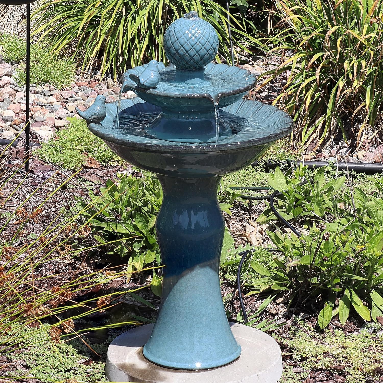 Sunnydaze 27' H 2-Tier Ceramic Water Fountain - Outdoor Water Feature for Patio, Yard, Balcony - Garden Fountain - Blue