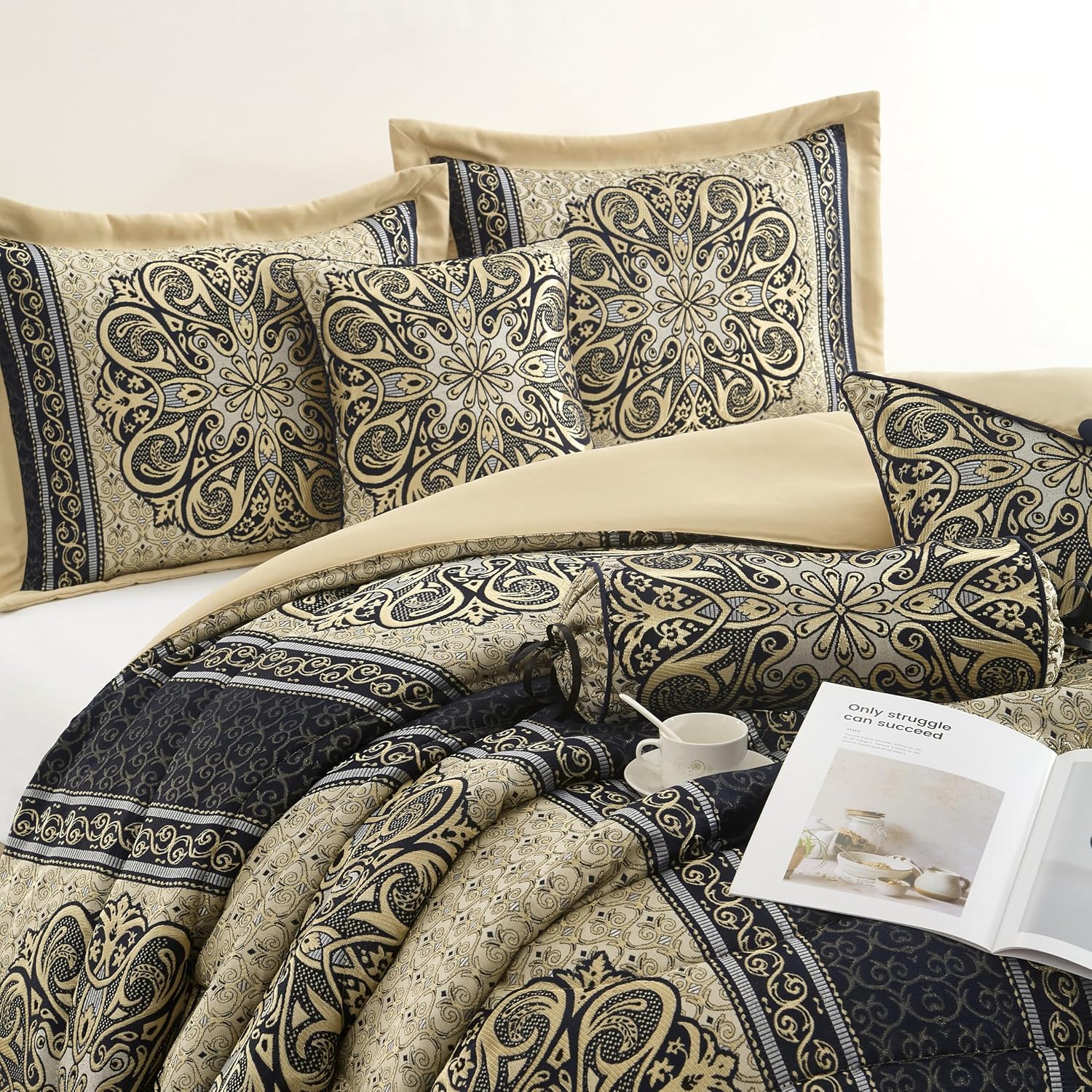 Stratford Park Medallion 7 Piece Navy Comforter Set, Queen Size Jacquard Bedding, All Season Bedding Set, Bed Skirt, Pillows & Shams