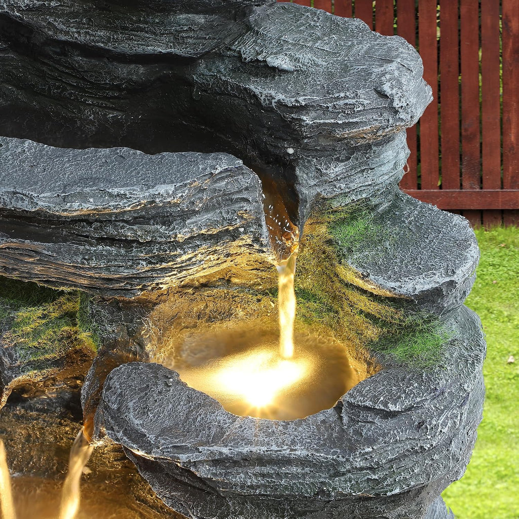 Garden Fountains Outdoor, 7-Tiers Cascading Rock Water Fountain, 24.4' H Waterfall Fountain Indoor with 6 LED Lights and Moss for Patio, Yard and Home Art Decor, Natural Stone Look