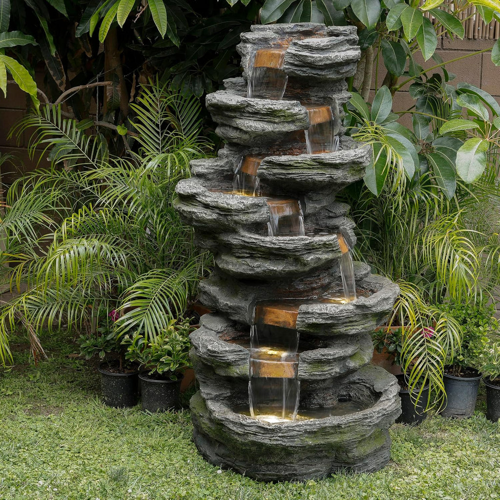Alpine Corporation WIN1146 Outdoor Floor Cascading 8 Tiered Rock Garden Water Fountain with LED Lights, 58', Gray