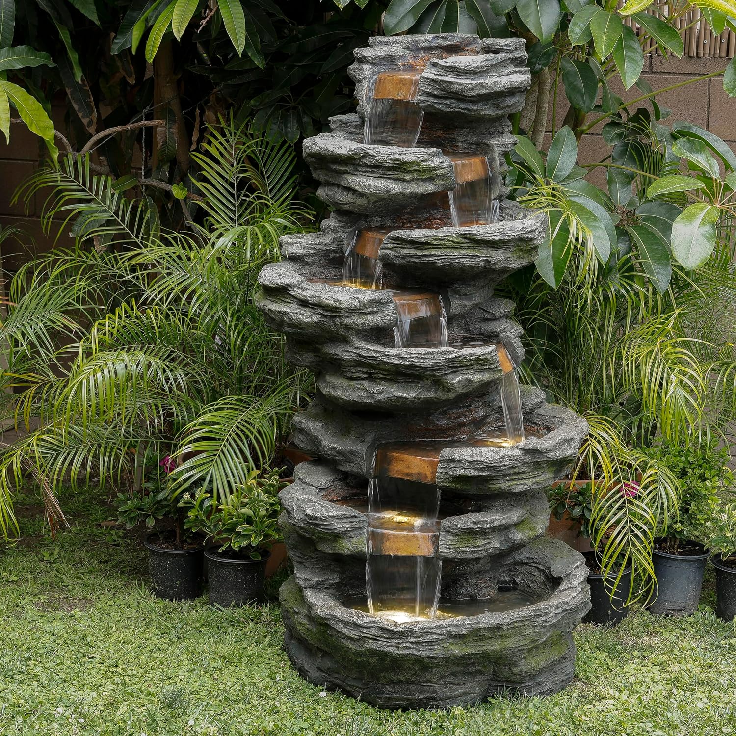 Alpine Corporation WIN1146 Outdoor Floor Cascading 8 Tiered Rock Garden Water Fountain with LED Lights, 58', Gray