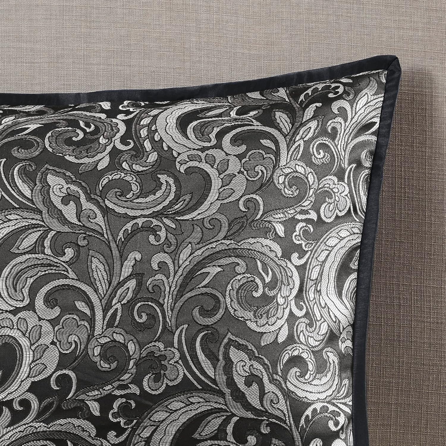 Madison Park Essentials Brystol 24 Piece Room in a Bag Faux Silk Comforter Jacquard Paisley Design Matching Curtains Down Alternative All Season Bedding-Set, Queen(90 in x 90 in), Black 24 Piece