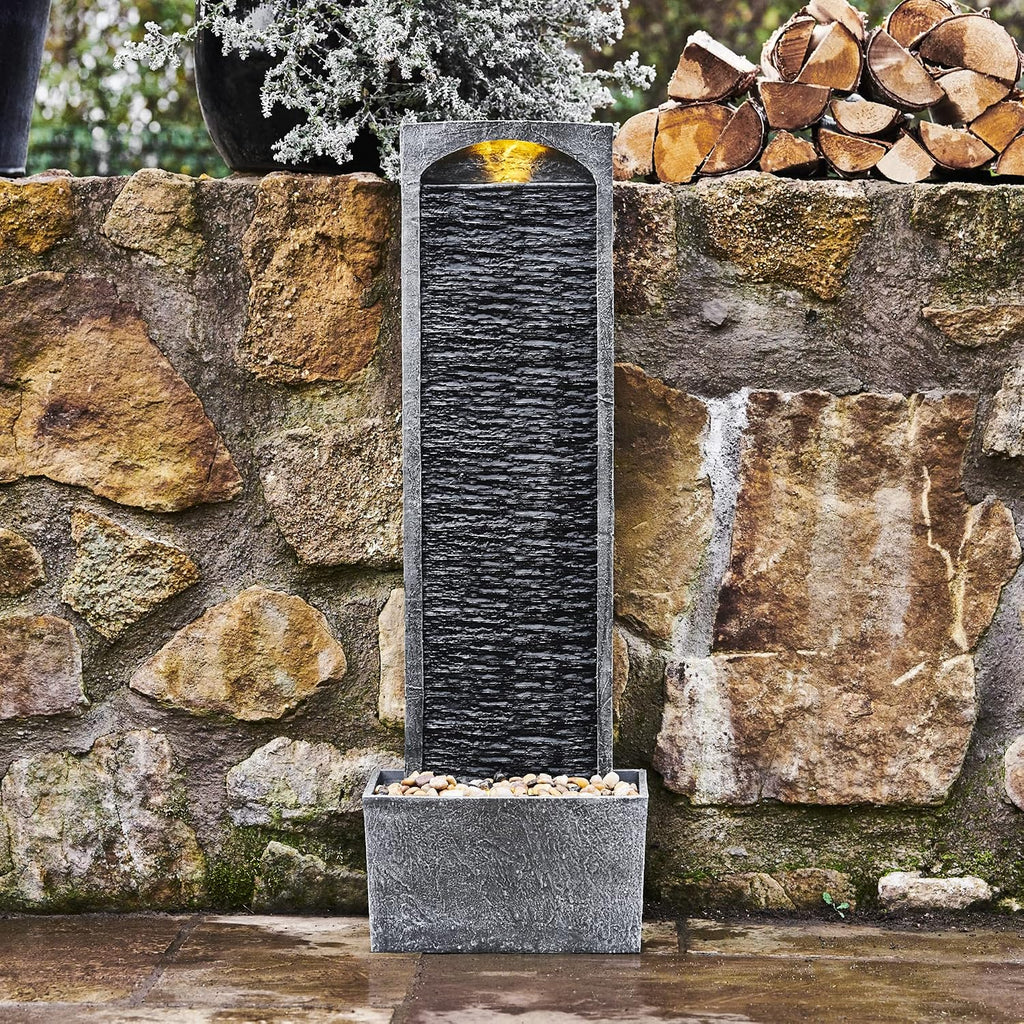 Teamson Home 38.5' Faux Slate Contemporary Outdoor LED Waterfall Fountain with Pebble Base, Gray/Black