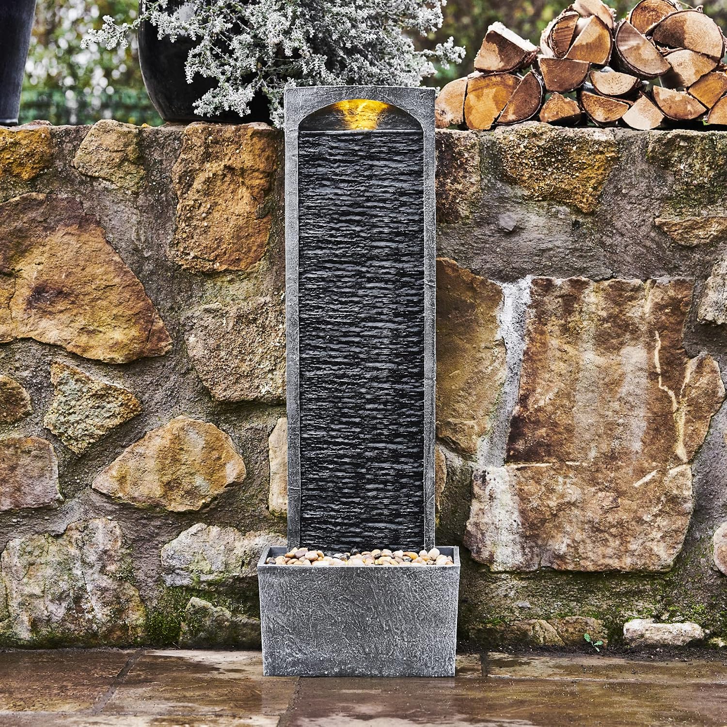Teamson Home 38.5' Faux Slate Contemporary Outdoor LED Waterfall Fountain with Pebble Base, Gray/Black