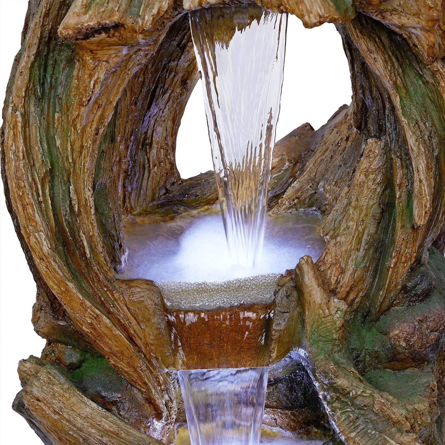 Alpine Corporation 40' Tall Open Tree Trunk Floor Fountain with Cool White LED Lights, Tiered Garden Decor, Brown