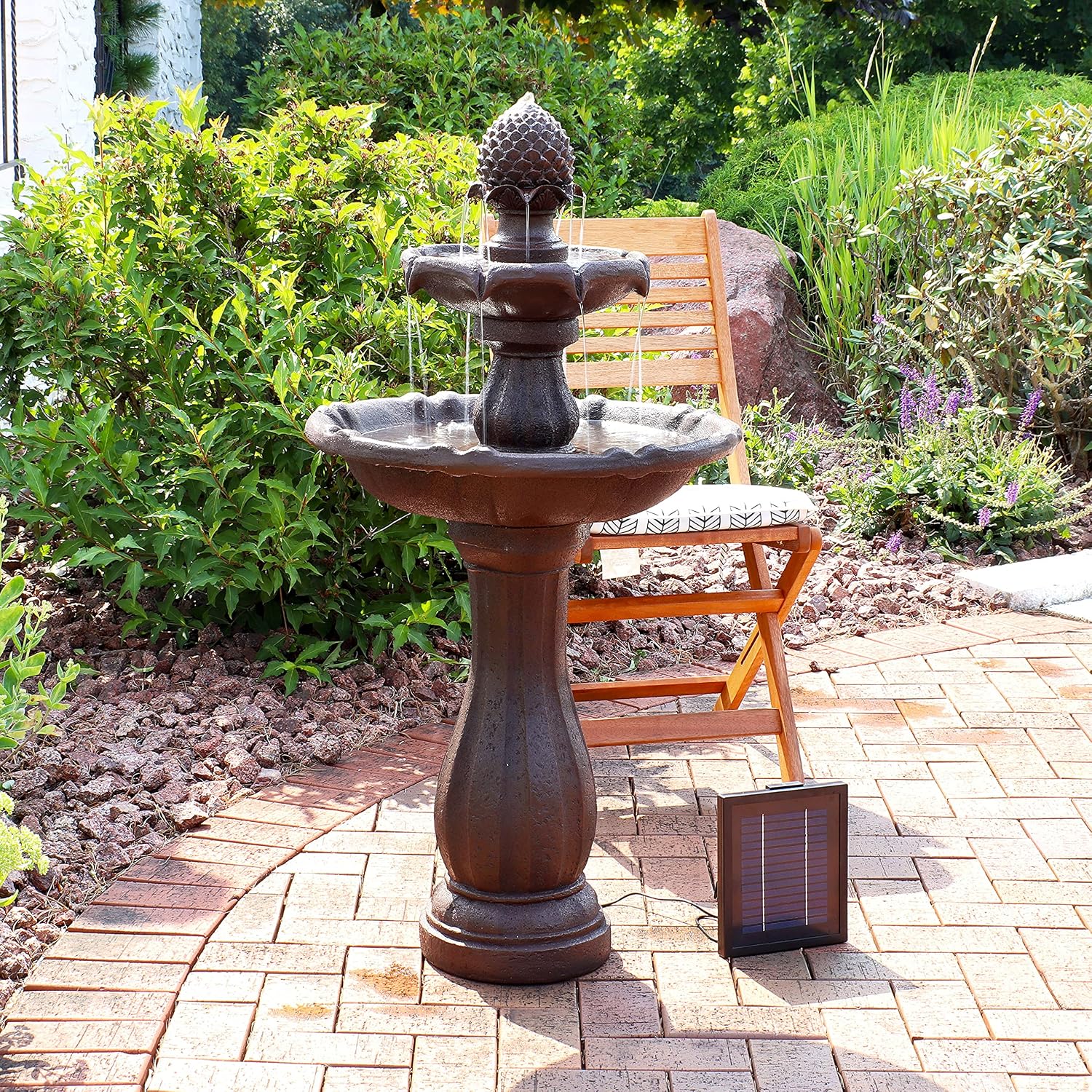Sunnydaze Pineapple 46-Inch 2-Tier Outdoor Solar Fountain - Decorative Water Fountain with Pump for Garden, Patio, Yard or Balcony - Rust Finish