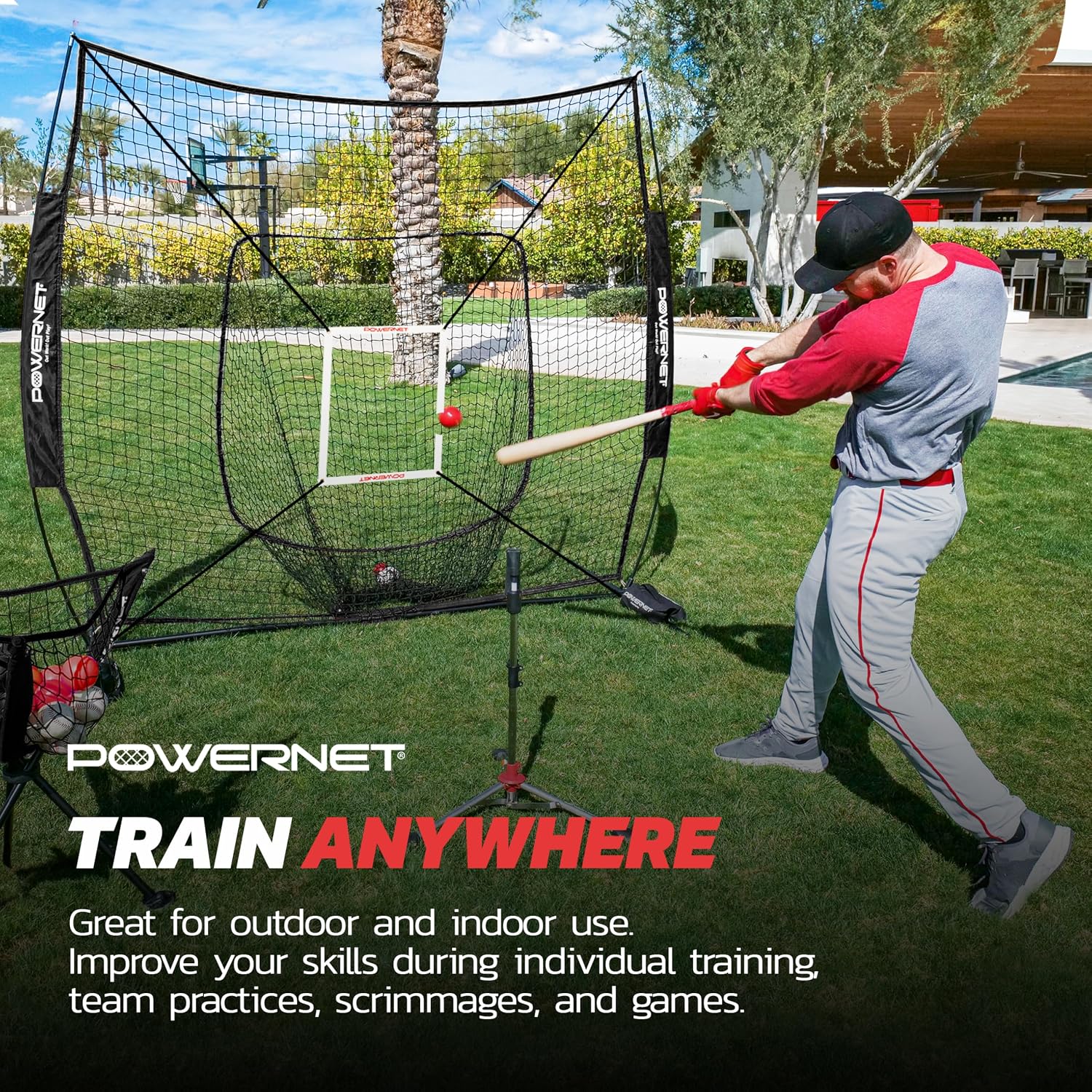 PowerNet Baseball Softball Practice Net 7x7 with Baseball Accessories for Practice Pitching, Batting & Fielding, Ball Caddy, Weighted Baseballs, Tee