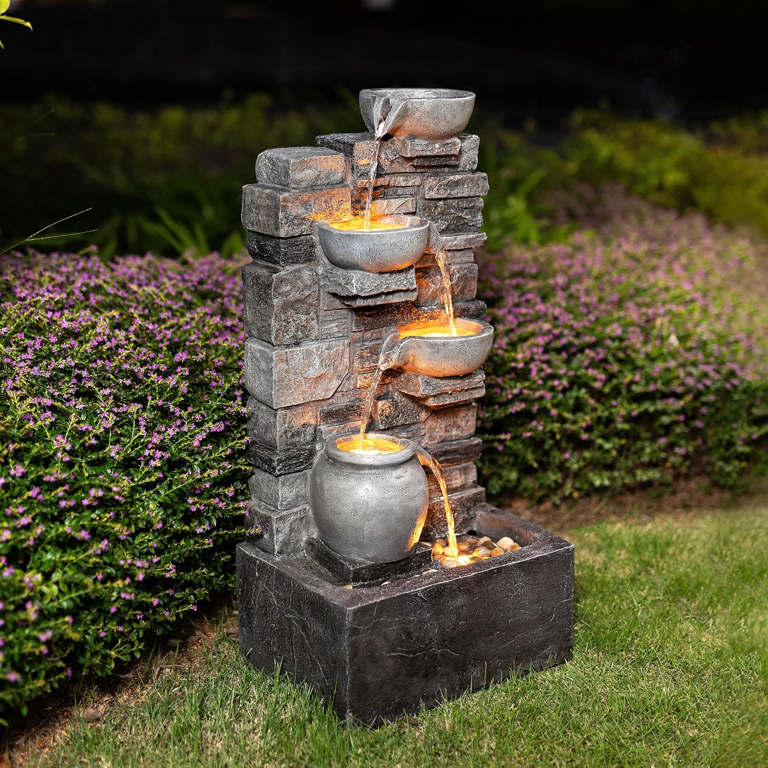 Teamson Home 28.5' Outdoor 4-Tier Stacked Stone Cascading Water Fountain with LED Lights, Gray