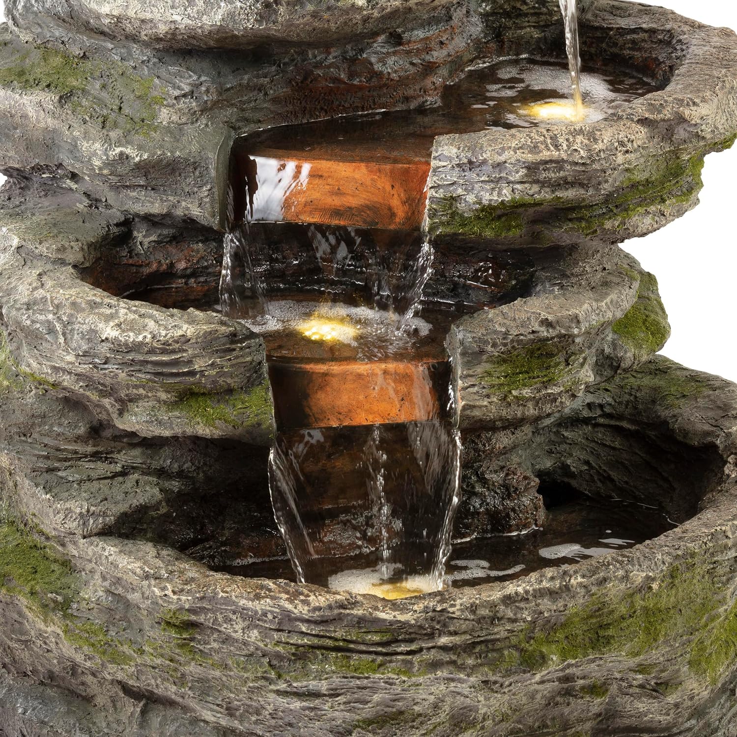 Alpine Corporation WIN1146 Outdoor Floor Cascading 8 Tiered Rock Garden Water Fountain with LED Lights, 58', Gray