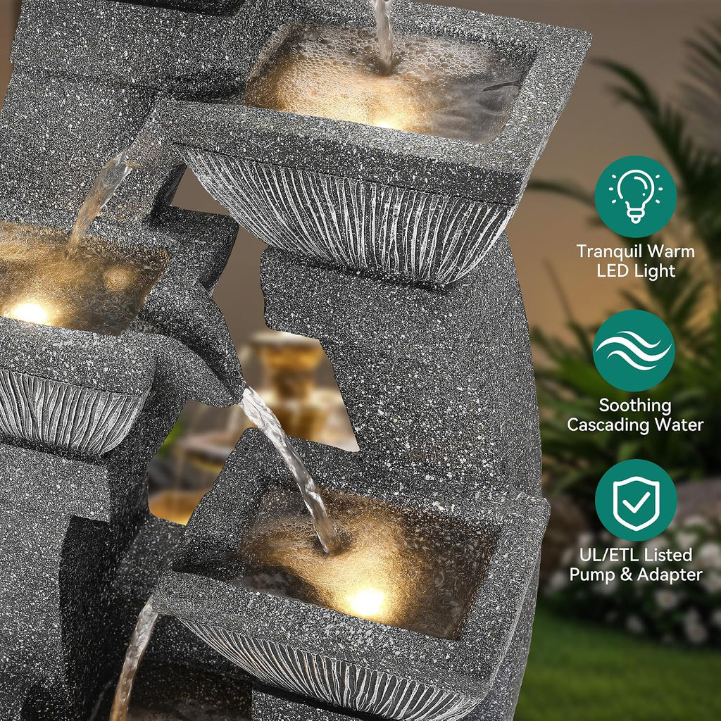 40.5' Outdoor Fountain, Four-Column & Bowls Water Feature with LED Lights, Modern Resin Soothing Cascading Waterfall for Patio, Backyard, Garden or Porch