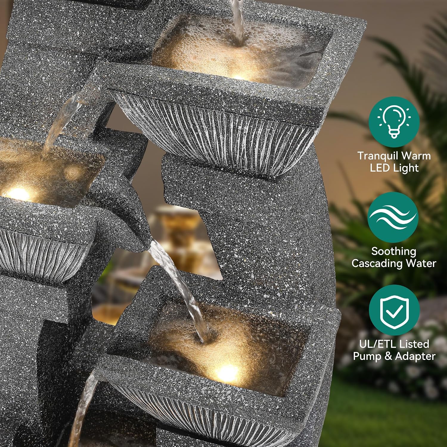 40.5' Outdoor Fountain, Four-Column & Bowls Water Feature with LED Lights, Modern Resin Soothing Cascading Waterfall for Patio, Backyard, Garden or Porch