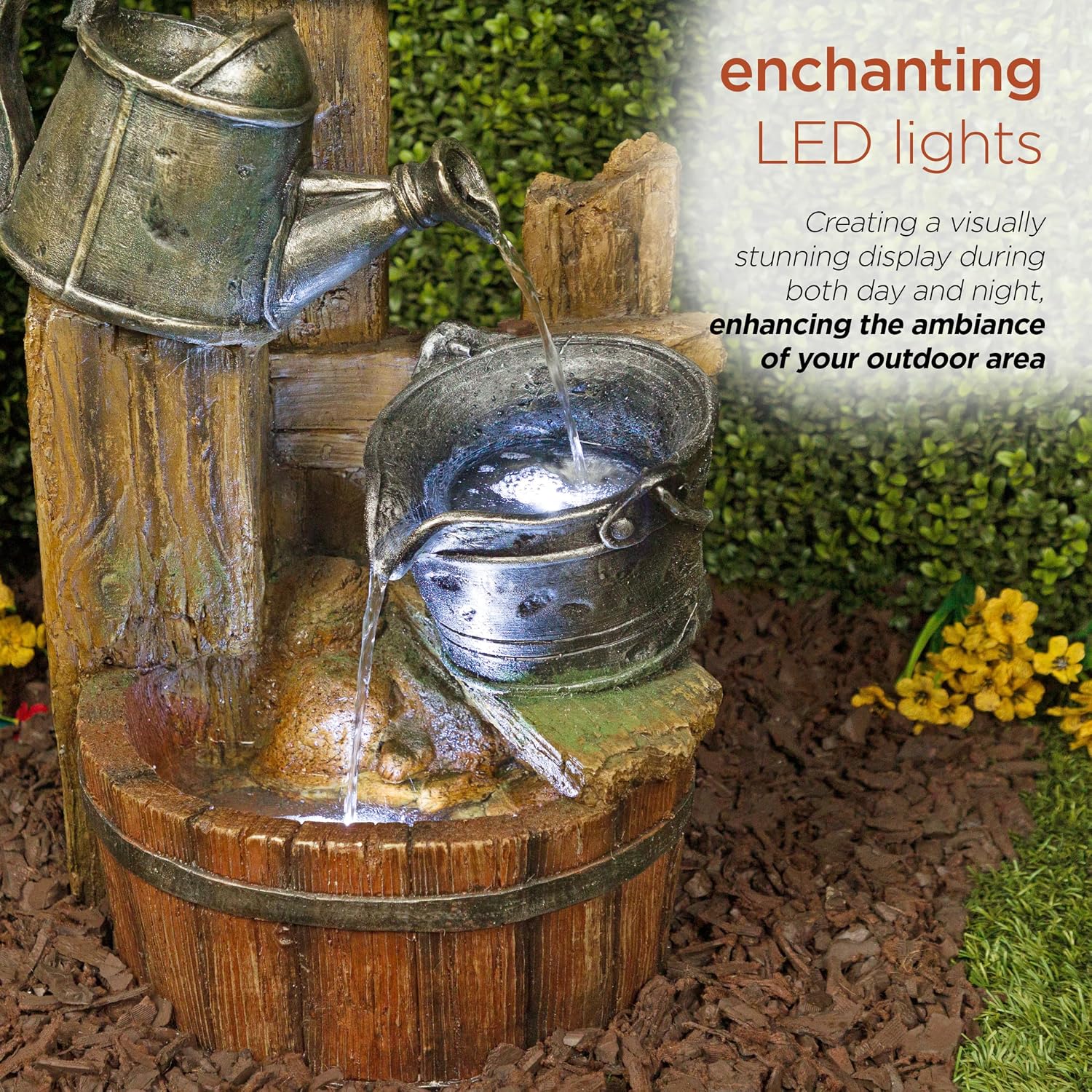 Alpine Corporation TZL280 Watering Can Barrel Birdhouse Fountain w/White LED Lights, Stylish Décor for Garden & Patio, 32' H