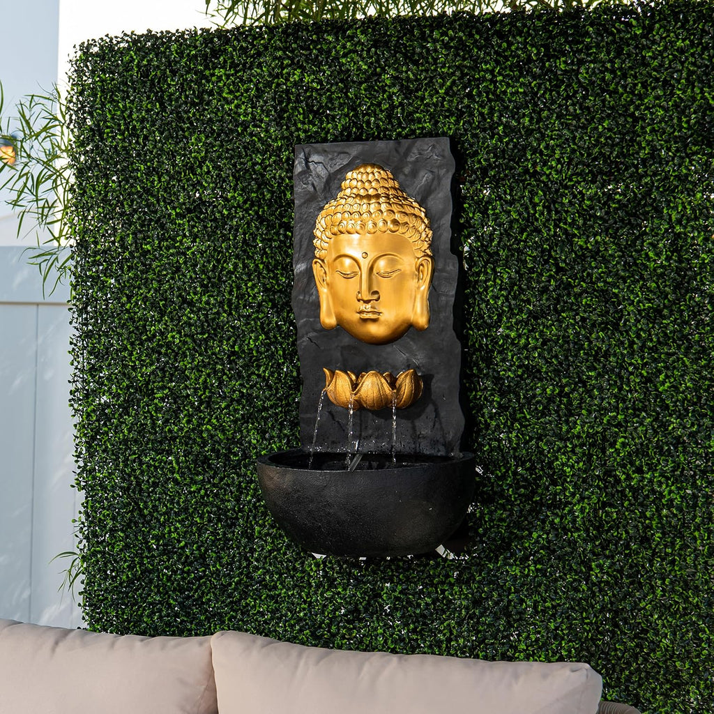 XBrand 30 in H Fiber Resin Wall Buddha Zen Outdoor Garden Water Fountain w/Warm LED Light, Gold