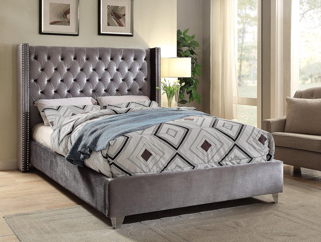 Meridian Furniture Aiden Collection Modern | Contemporary Velvet Upholstered Bed with Deep Button Tufting, Solid Wood Frame, and Custom Chrome Legs, King, Grey