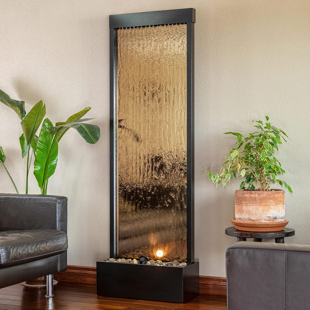 Alpine Corporation 72' Tall Indoor/Outdoor Mirror Waterfall Floor Fountain, LED Lights & River Stones, Elegant Bronze Finish for Home, Office, Patio & Entryway Decor