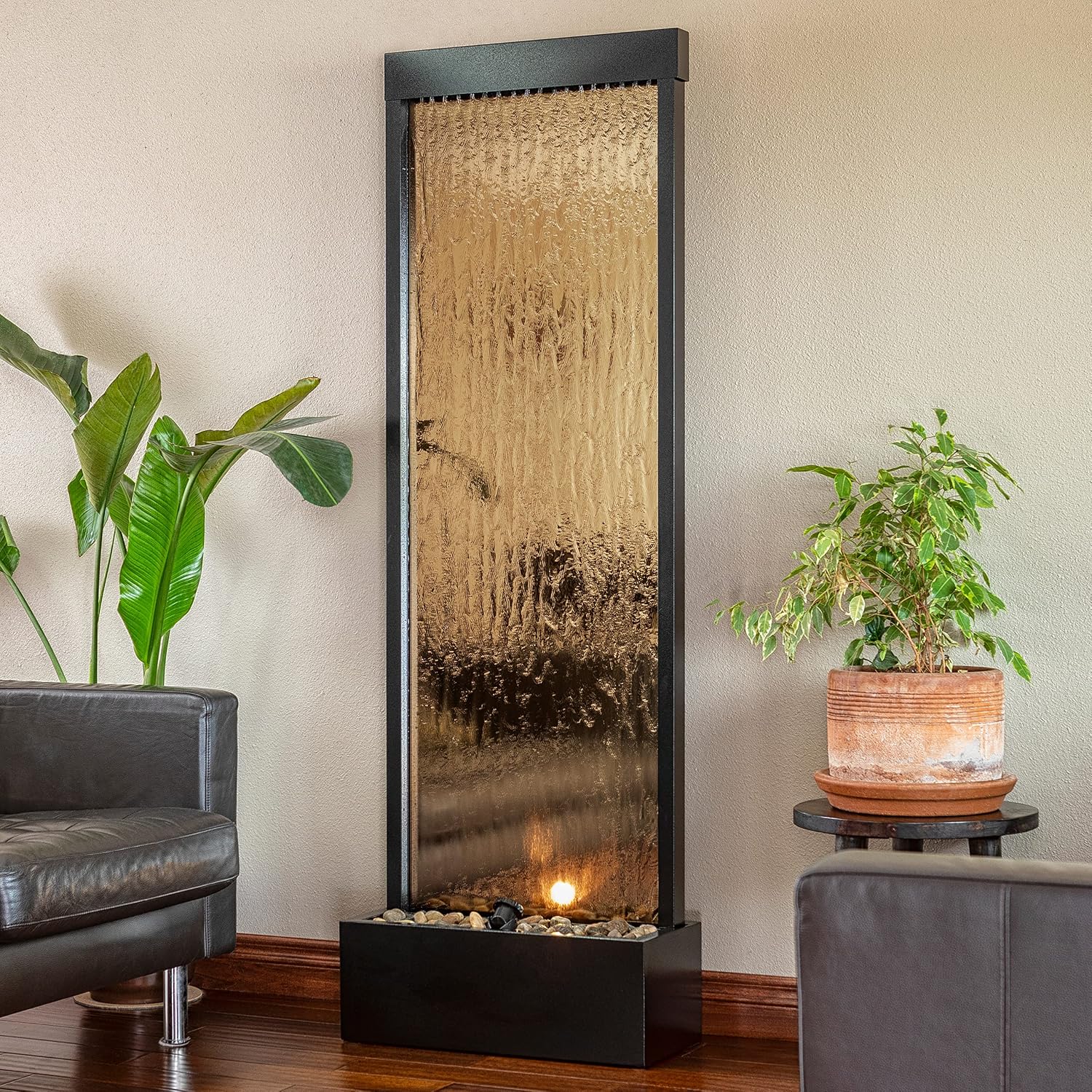 Alpine Corporation 72' Tall Indoor/Outdoor Mirror Waterfall Floor Fountain, LED Lights & River Stones, Elegant Bronze Finish for Home, Office, Patio & Entryway Decor