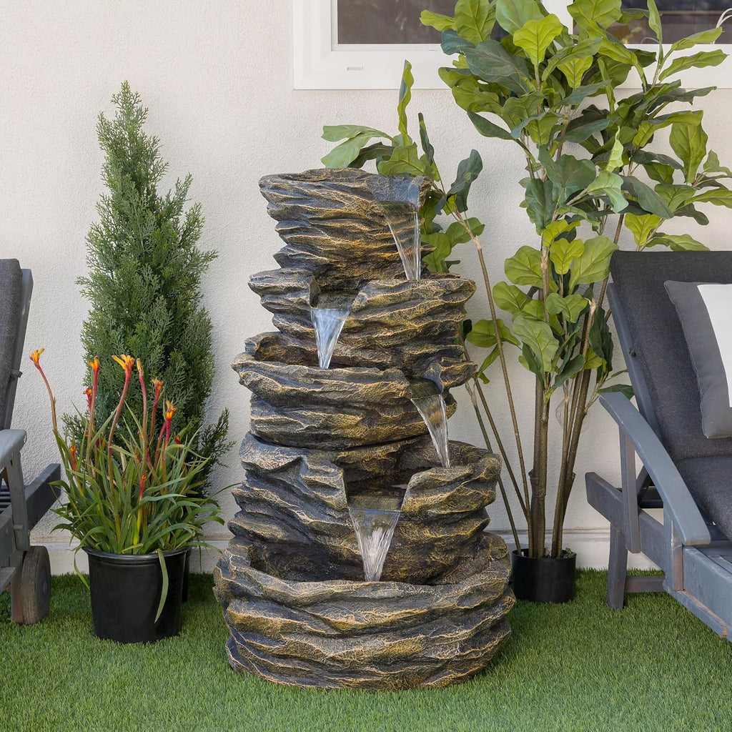 Alpine Corporation 39' Tall Outdoor 5 Tiered Natural Look Rock Water Floor Fountain with Replaceable Lights, Brown