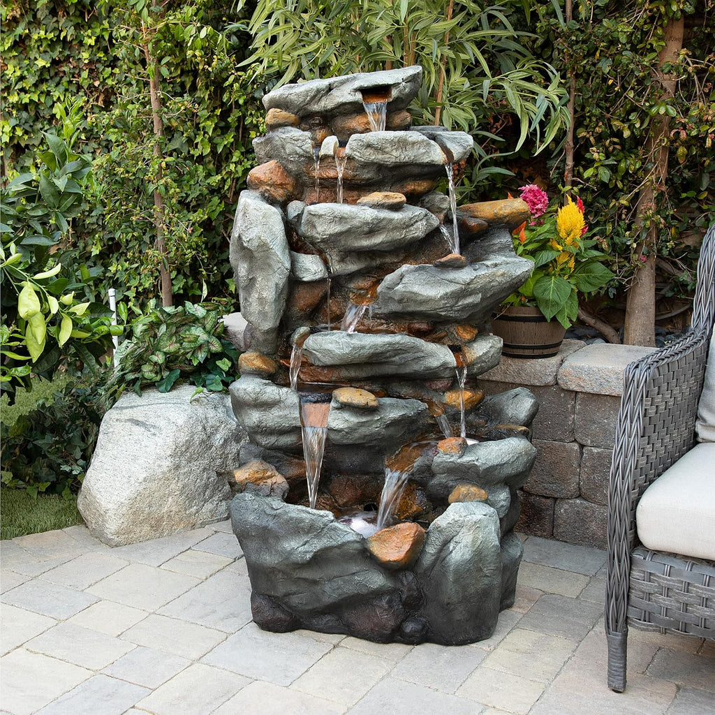 Alpine Corporation TZL130 Outdoor Floor 8-Tiered Rock Waterfall Fountain with LED Lights and Natural Stone Look, 50', Gray