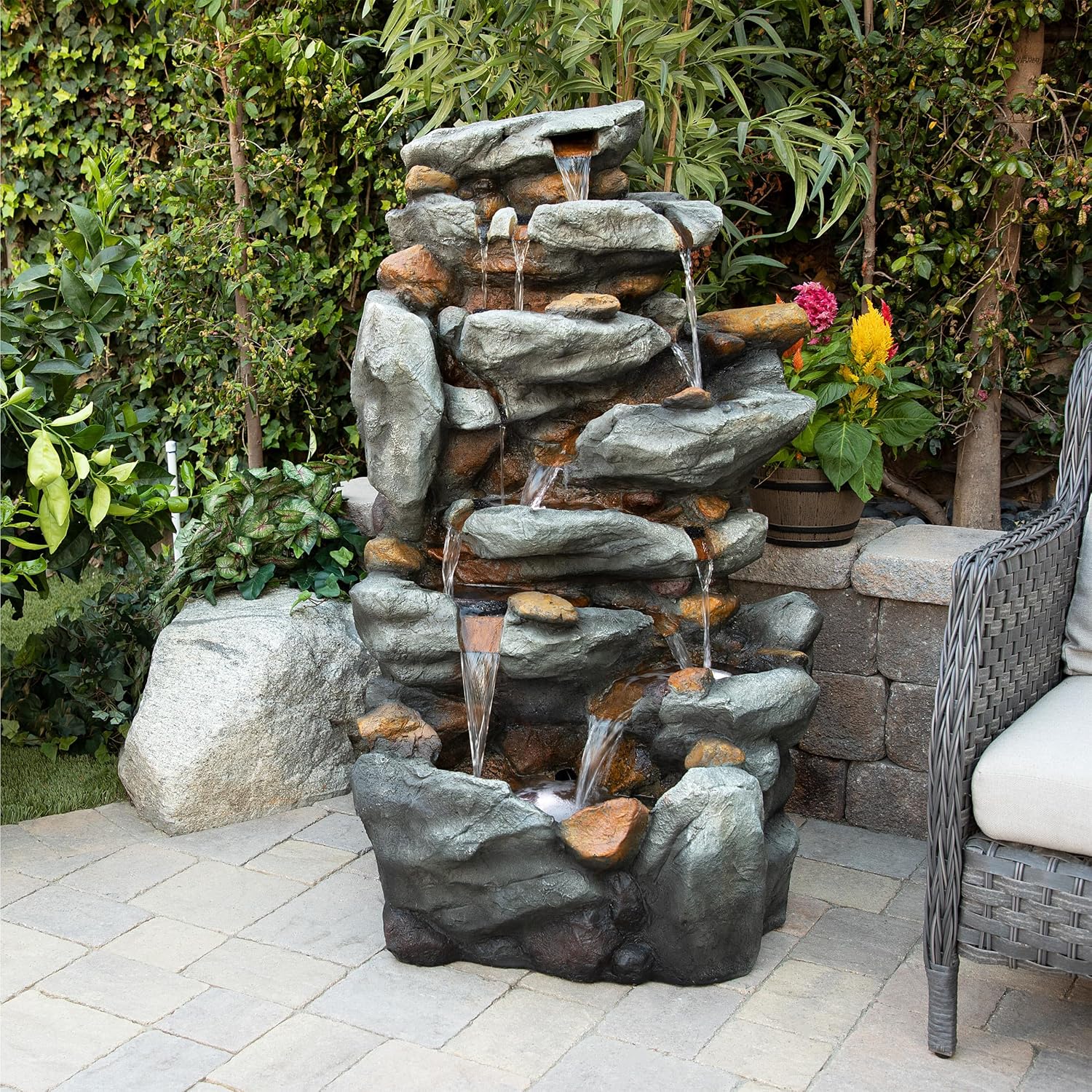Alpine Corporation TZL130 Outdoor Floor 8-Tiered Rock Waterfall Fountain with LED Lights and Natural Stone Look, 50', Gray