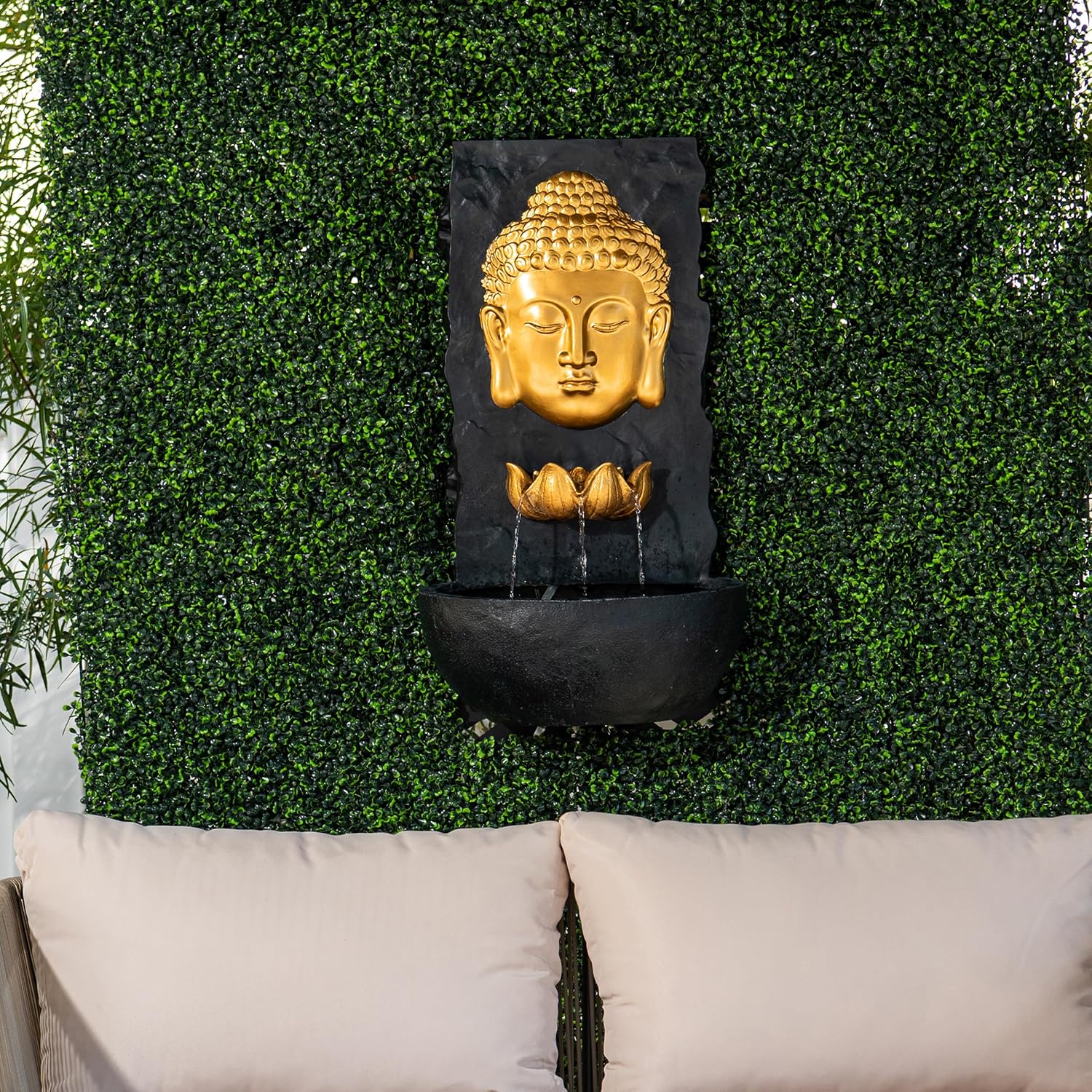 XBrand 30 in H Fiber Resin Wall Buddha Zen Outdoor Garden Water Fountain w/Warm LED Light, Gold
