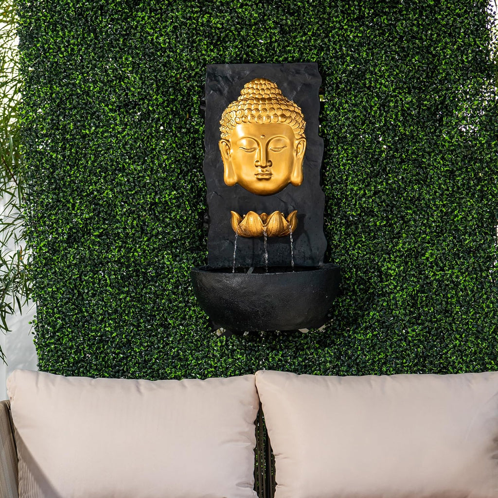 XBrand 30 in H Fiber Resin Wall Buddha Zen Outdoor Garden Water Fountain w/Warm LED Light, Gold