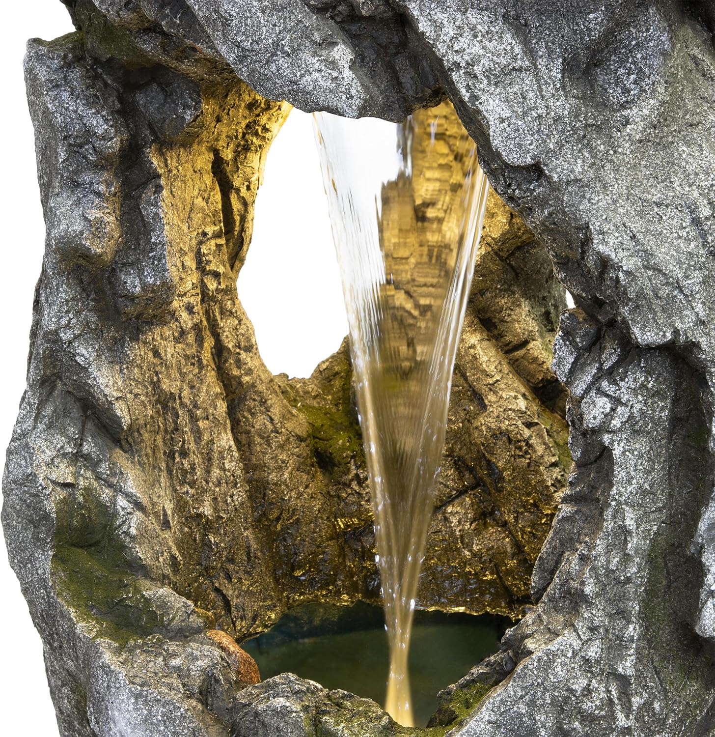 Alpine Corporation 41' Tall Outdoor Cascading Rainforest Rock Waterfall Floor Fountain with LED for Gardens, Patios, and Yards, Brown
