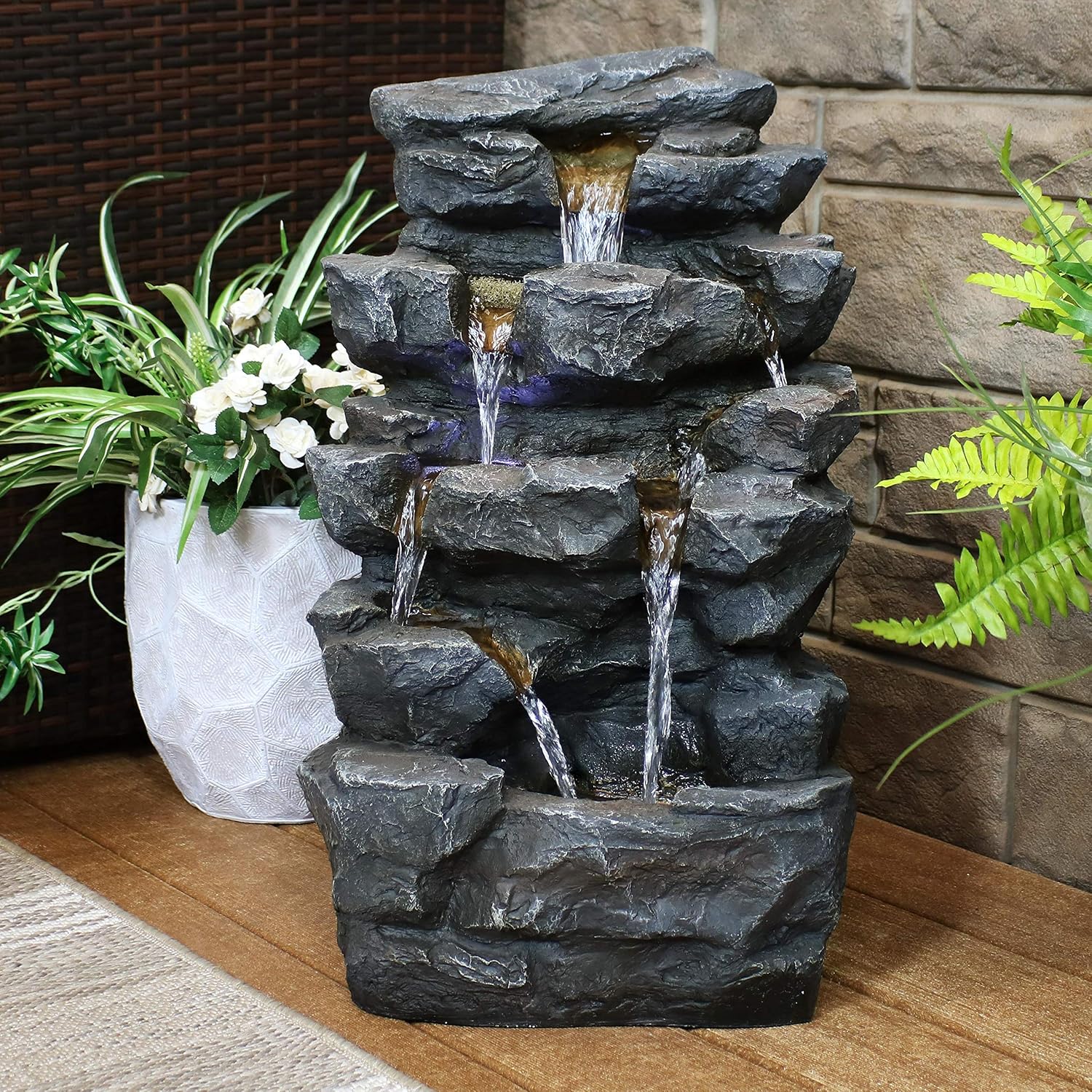 Sunnydaze 24-Inch Grotto Falls Polyresin Outdoor Water Fountain with LED Lights