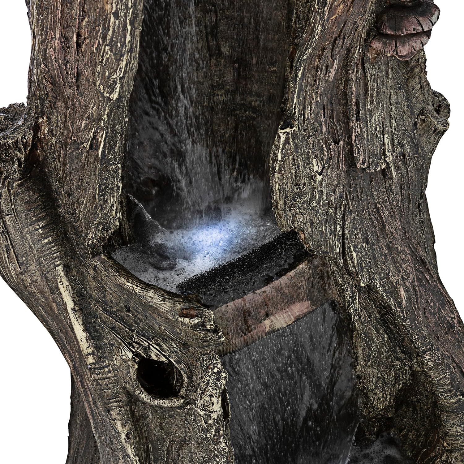 Alpine Corporation WIN258 Outdoor Rainforest Waterfall Tree Trunk Floor Fountain with LED Lights, Tiered Garden Decor, 41' H, Brown
