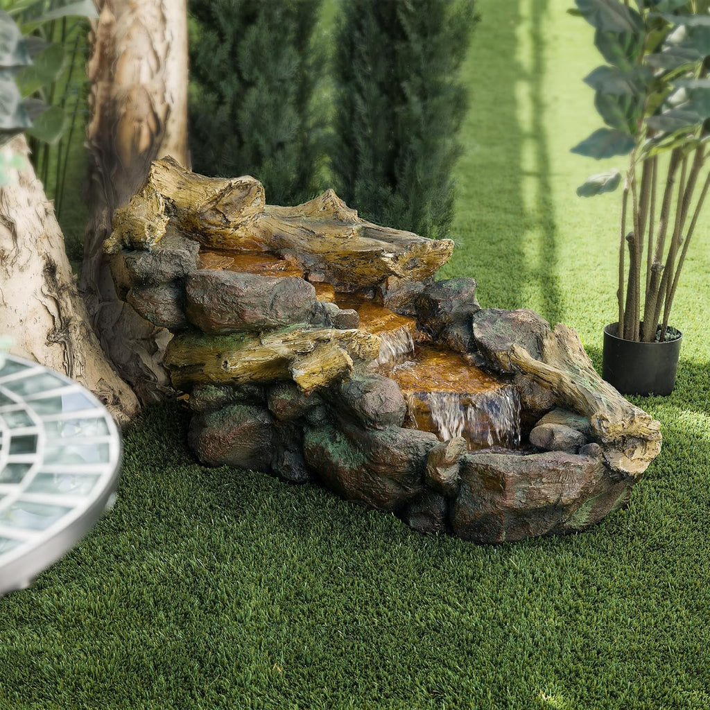 Alpine Corporation TZL296 41' Long Indoor/Outdoor River Rock and Log Fountain with LED Lights – Outdoor Water Feature for Garden, Patio, and Home Décor, Brown