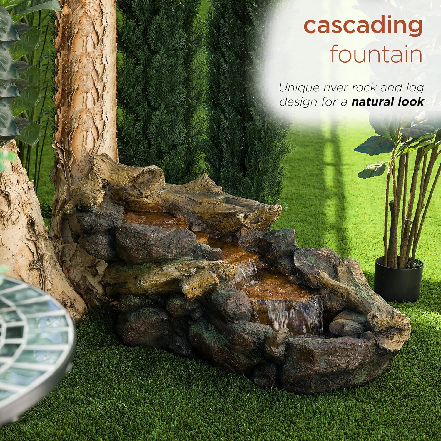 Alpine Corporation TZL296 41' Long Indoor/Outdoor River Rock and Log Fountain with LED Lights – Outdoor Water Feature for Garden, Patio, and Home Décor, Brown