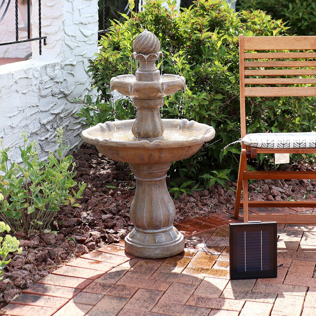 Sunnydaze 35' Solar 2-Tier Outdoor Water Fountain - Garden Water Feature with Battery Backup and Pump - Earth