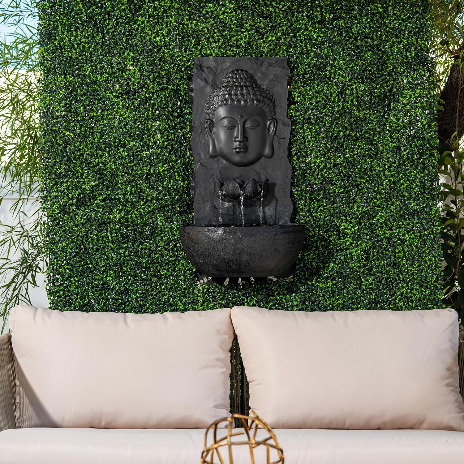 XBrand 30 in H Buddha Zen Indoor/Outdoor Wall Water Fountain, Cascading Resin Garden Fountain with Warm LED Light, Soothing Water Feature for Patio, Porch, Backyard or Meditation Decor, Black