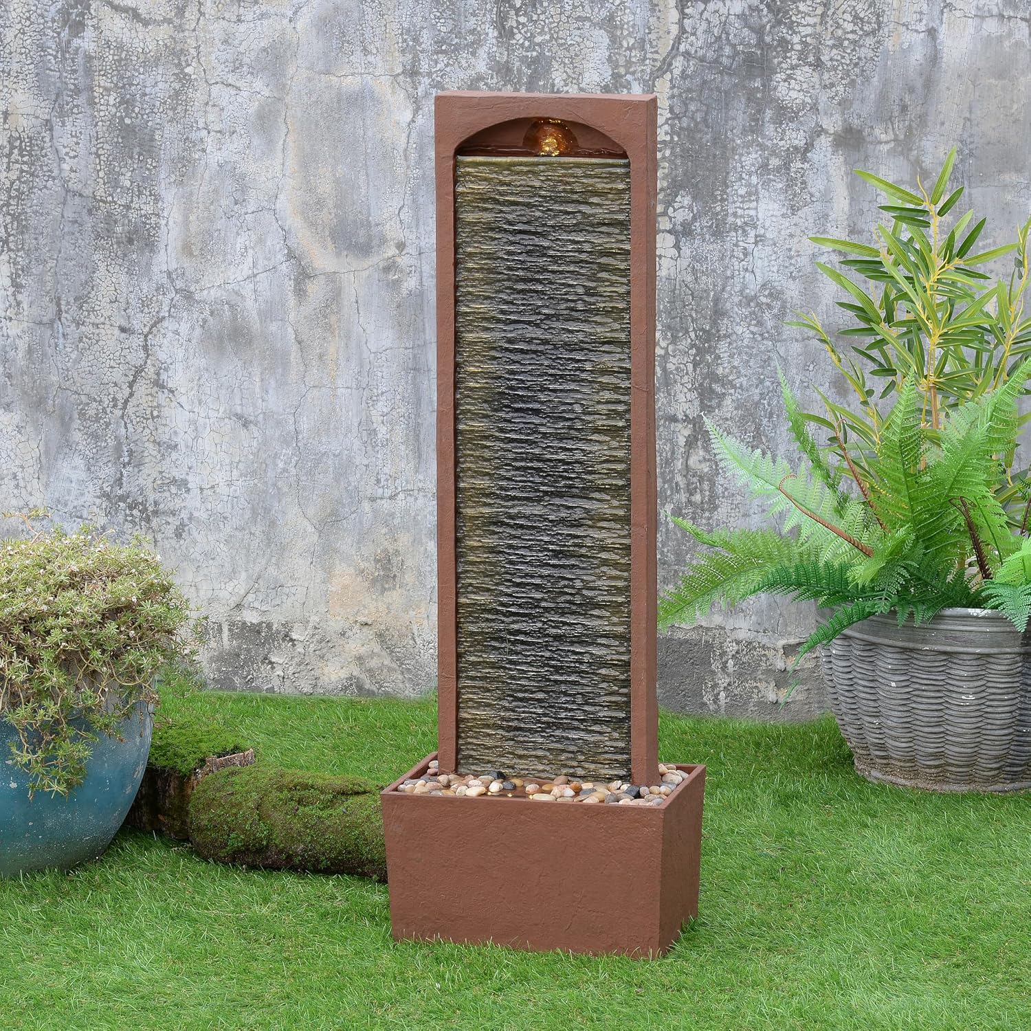 Teamson Home 38.5' Faux Slate Contemporary Outdoor LED Waterfall Fountain with Pebble Base, Red Rock