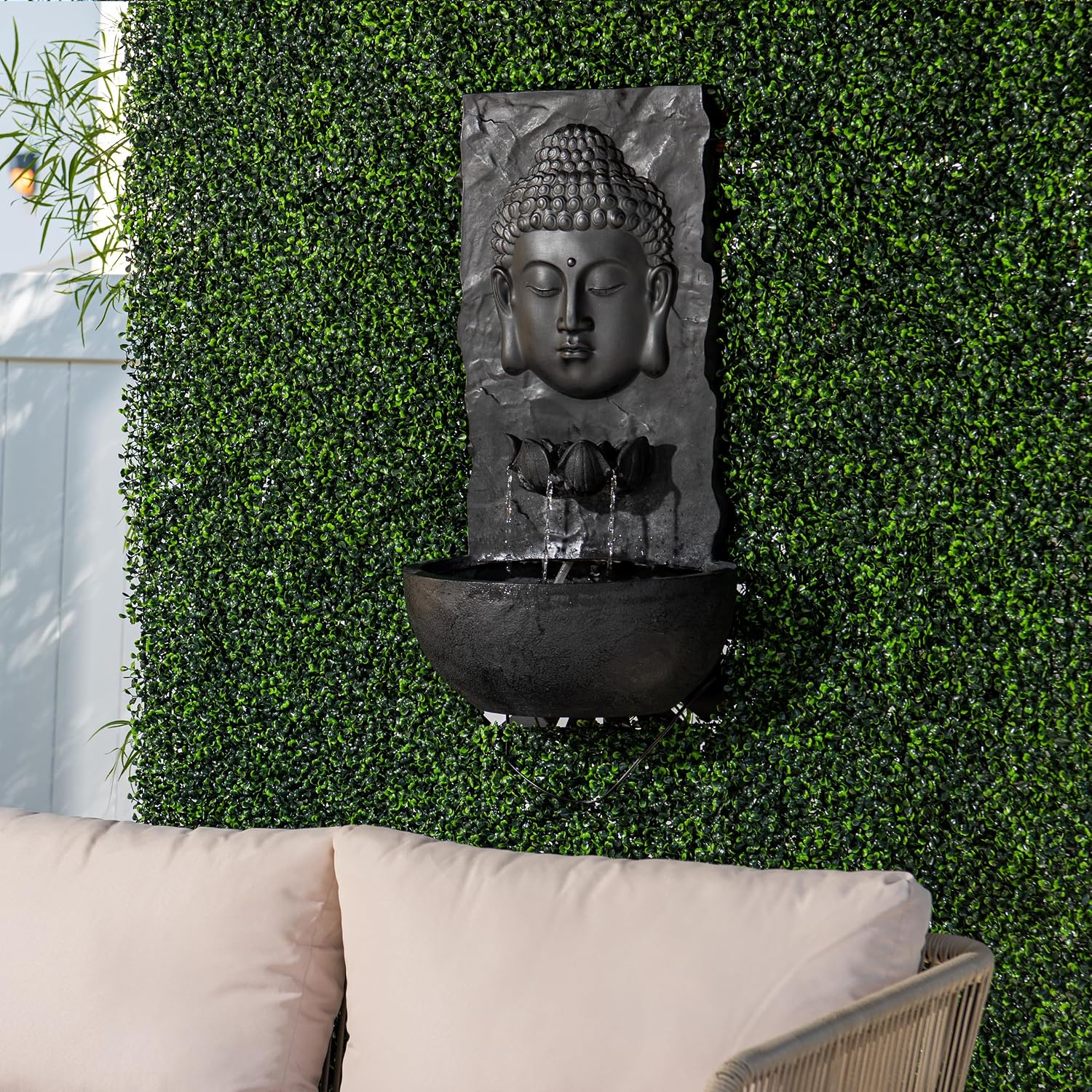XBrand 30 in H Buddha Zen Indoor/Outdoor Wall Water Fountain, Cascading Resin Garden Fountain with Warm LED Light, Soothing Water Feature for Patio, Porch, Backyard or Meditation Decor, Black